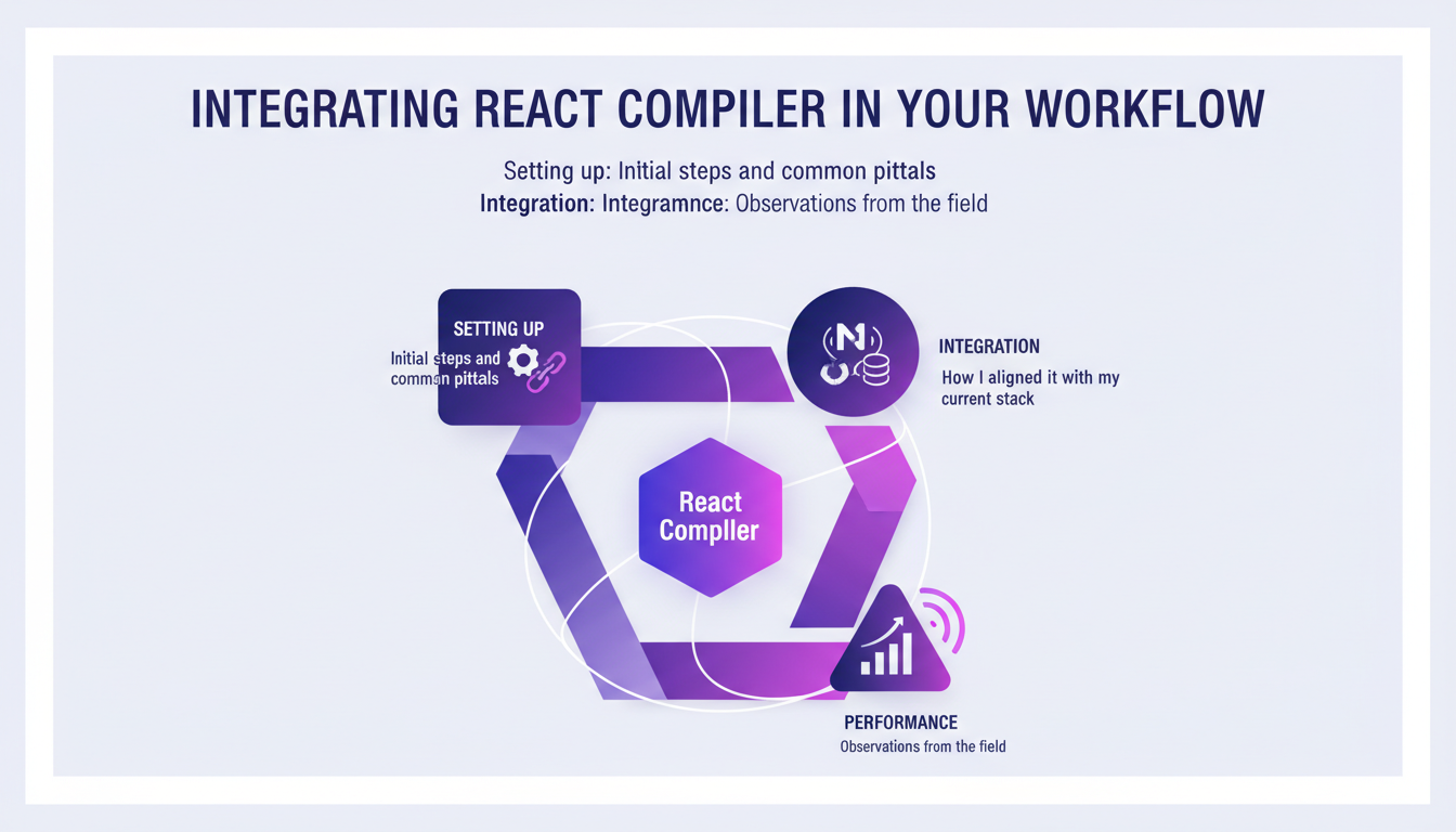 Modern illustration of integrating React Compiler in workflow with geometric shapes and violet gradients, highlighting setup and performance.