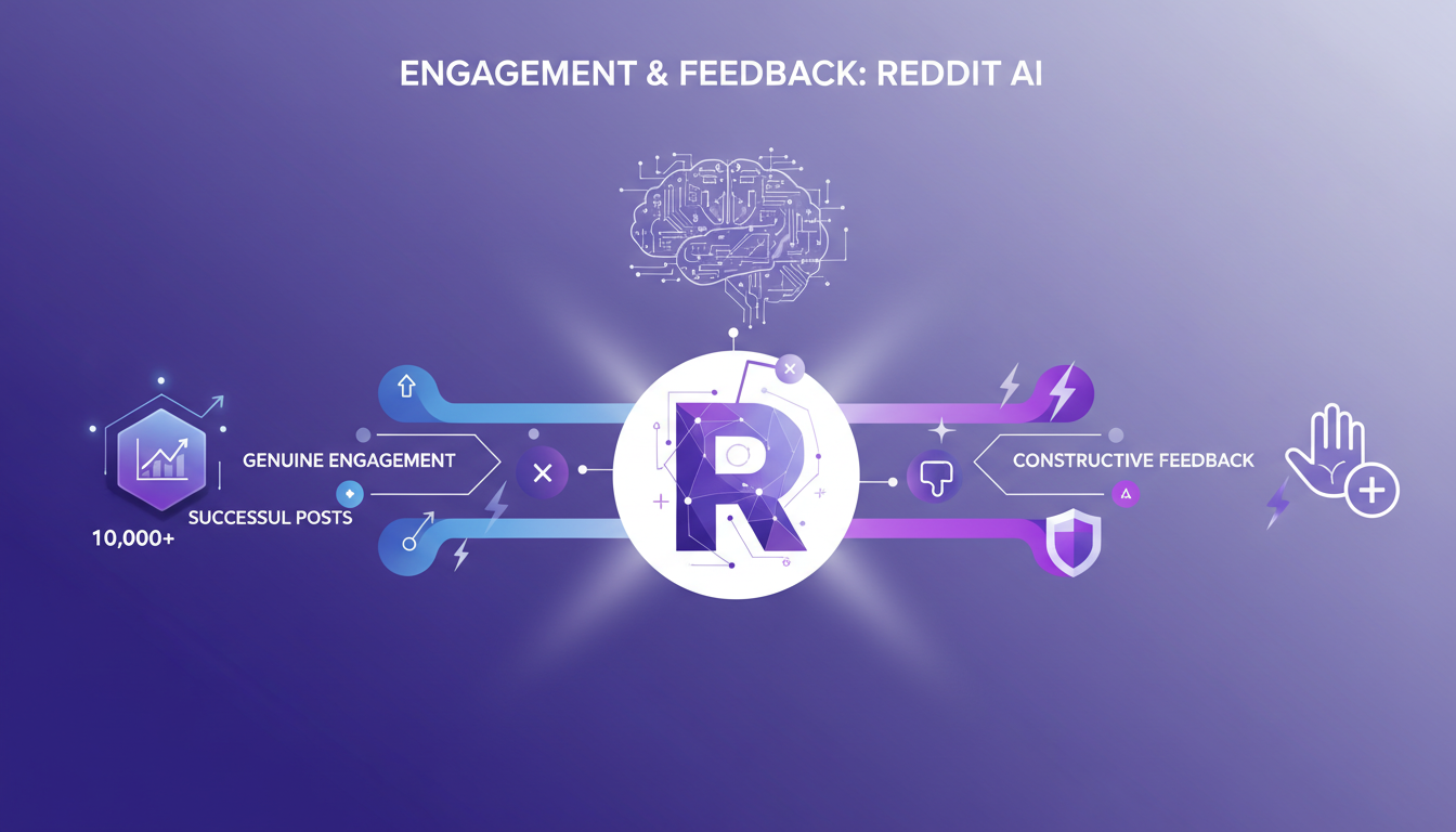 Modern illustration of Reddit engagement, depicting positive interactions and feedback management, in indigo and violet hues.