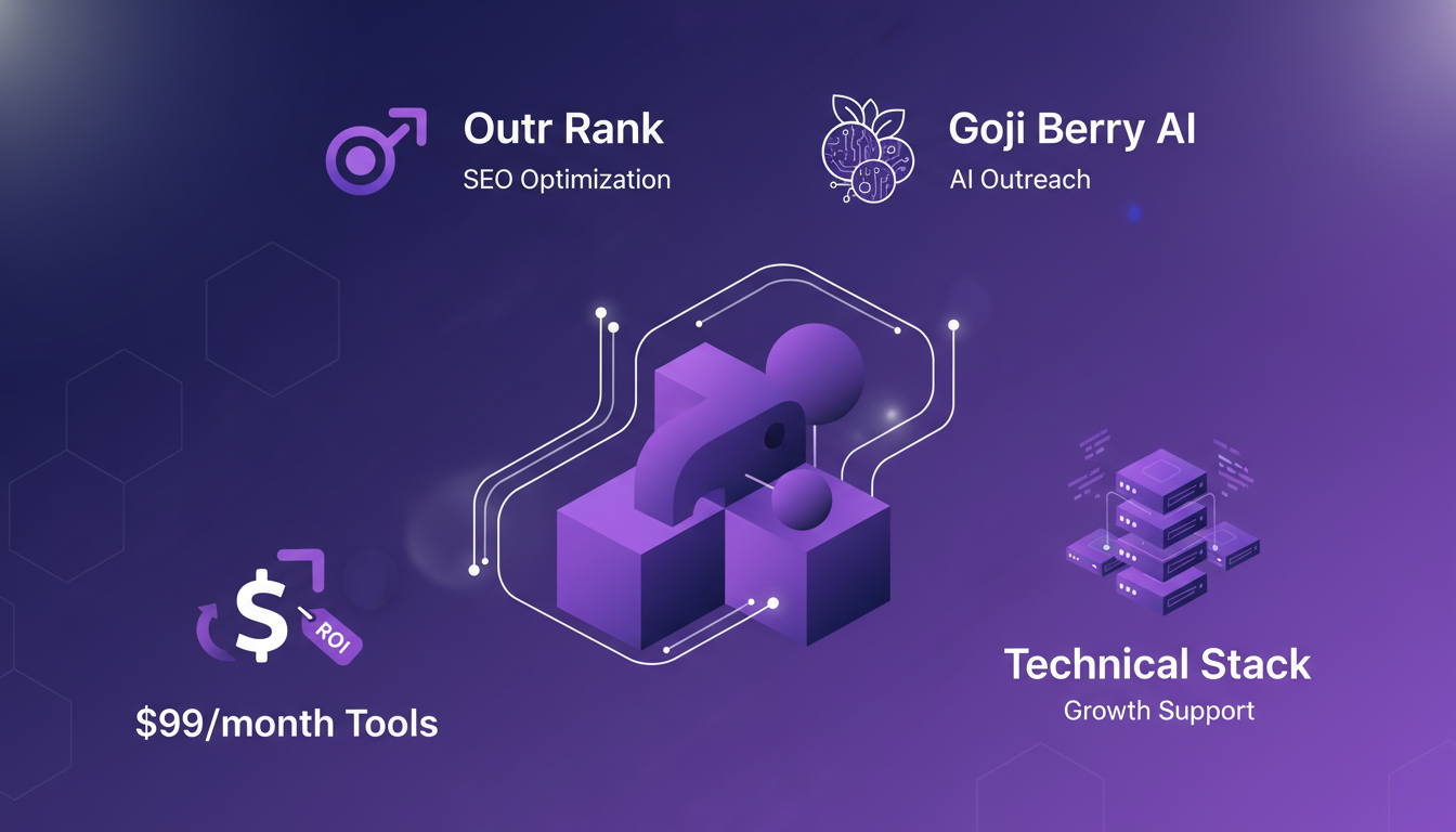 Modern illustration of SaaS tools: Outr Rank for SEO, Goji Berry AI for outreach, cost management, tech stack, violet color palette.