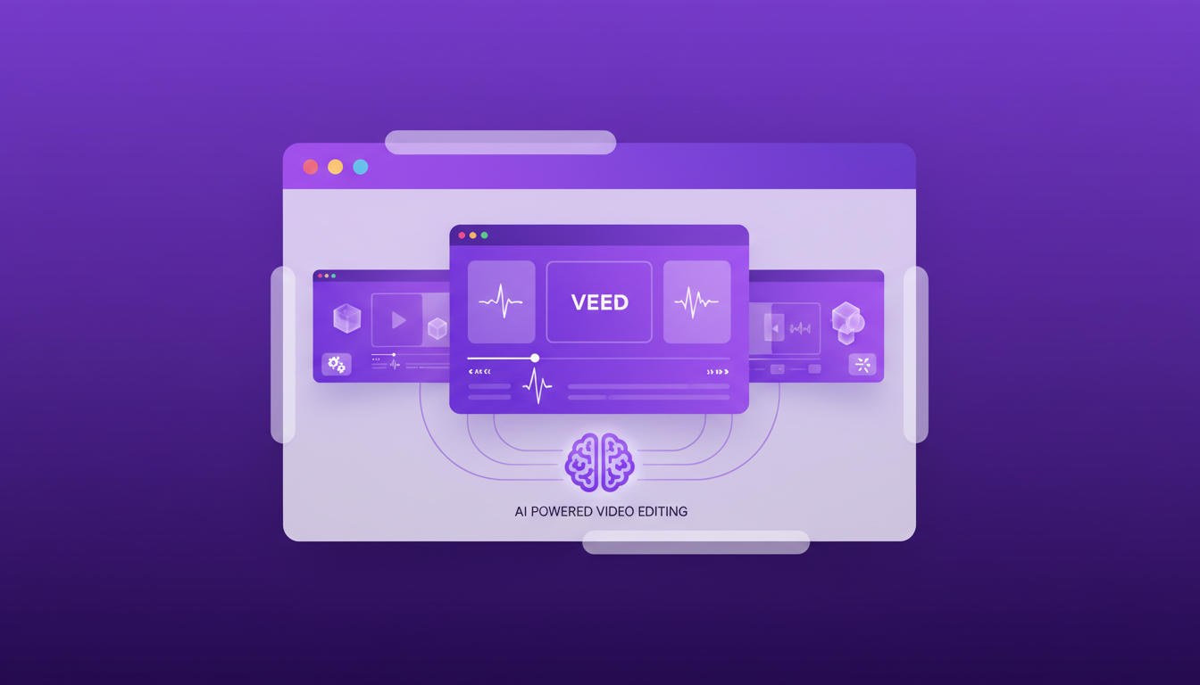 Modern illustration of AI video editing with VEED, a leading online AI editor, featuring geometric shapes and gradient overlays.