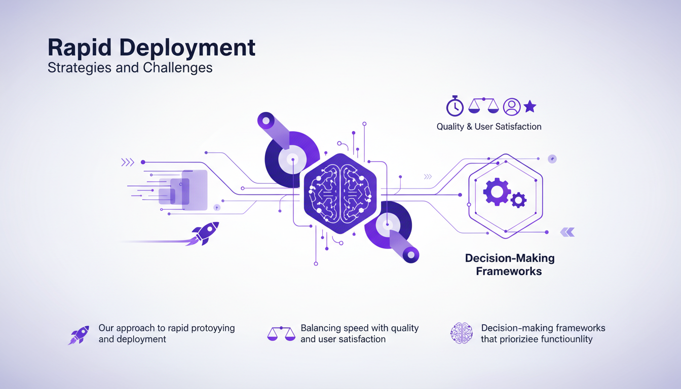 Modern illustration of rapid deployment with geometric shapes and violet gradients, symbolizing AI strategy and innovation challenges.