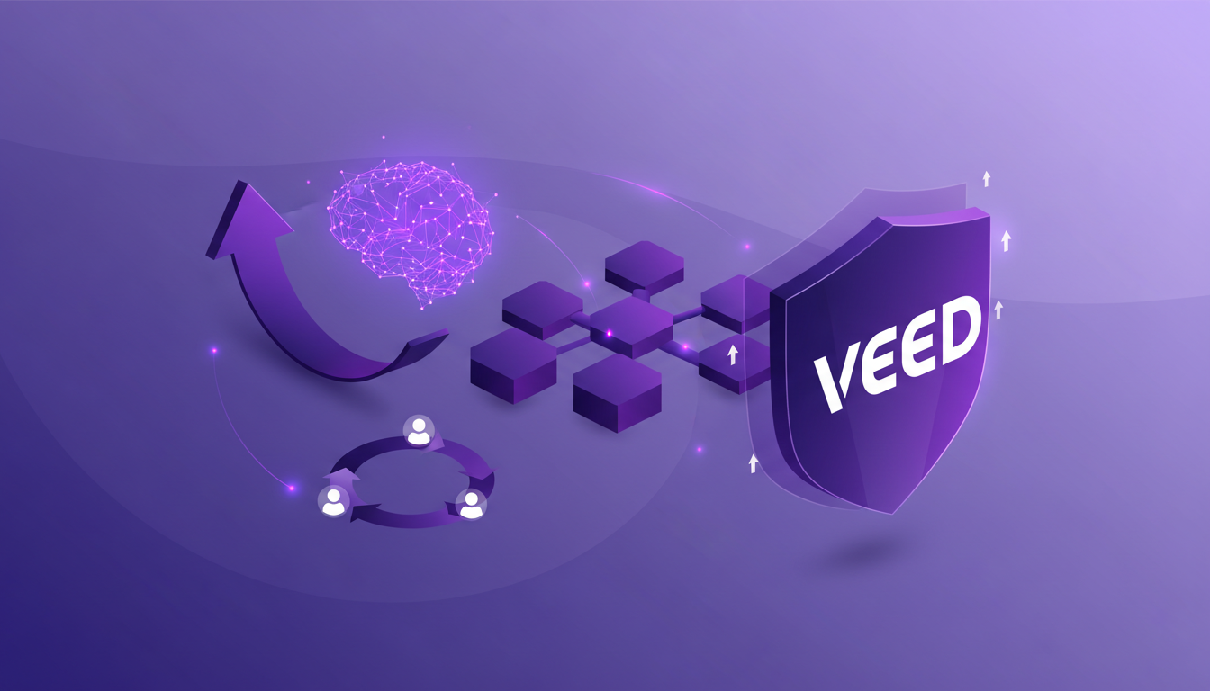 Modern illustration of adapting to AI trends and future-proofing with geometric shapes and violet gradients, conveying innovation.