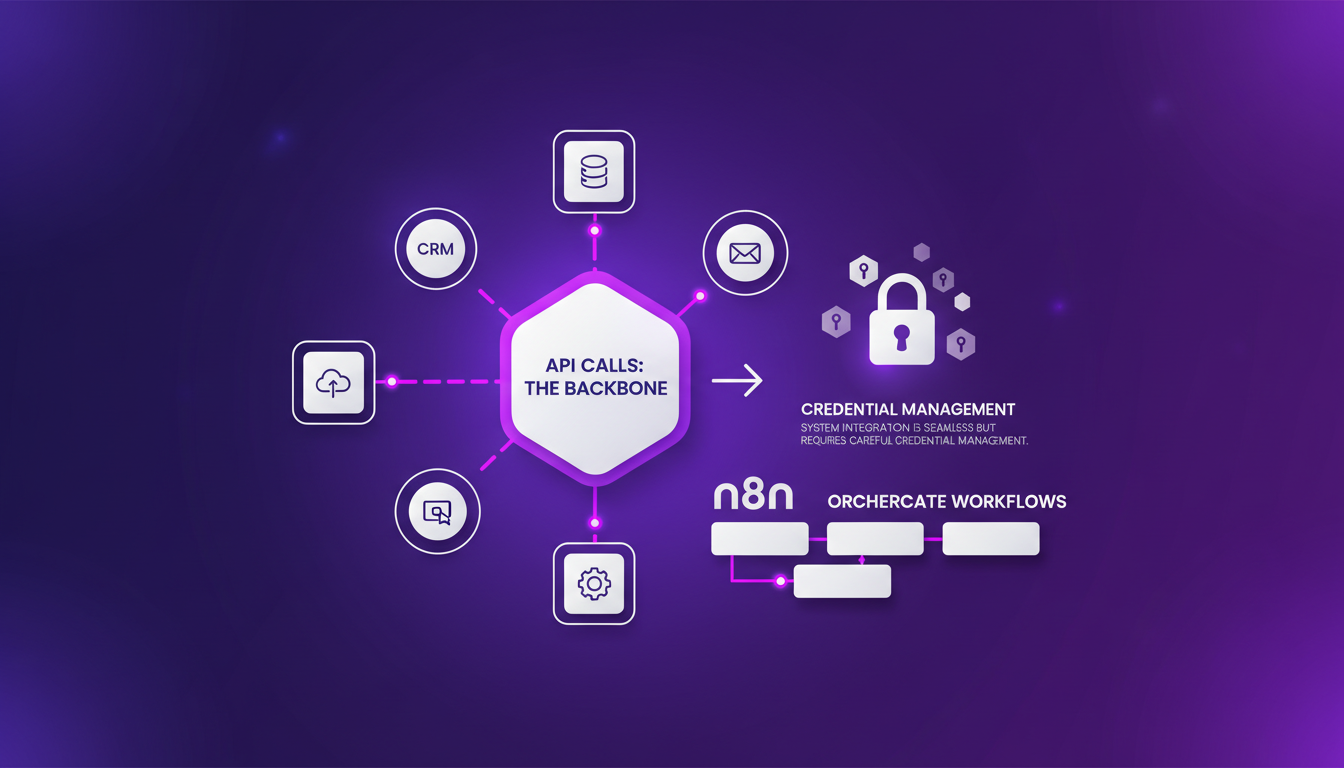 Modern illustration of API integration and workflow management with geometric shapes and indigo, violet gradients.
