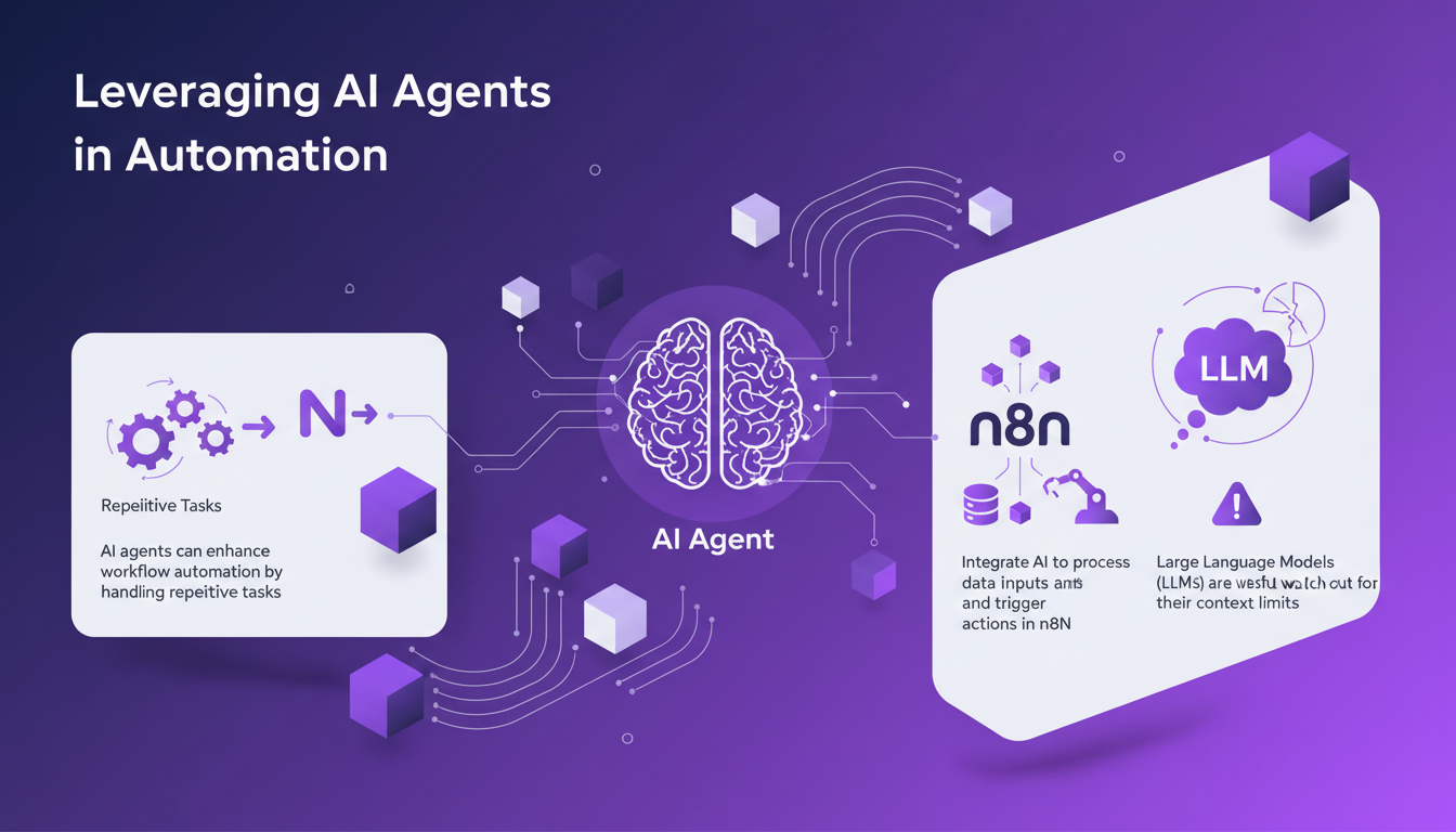 Modern illustration of AI agent automation, n8n integration, language models, indigo and violet tones, minimalist style.