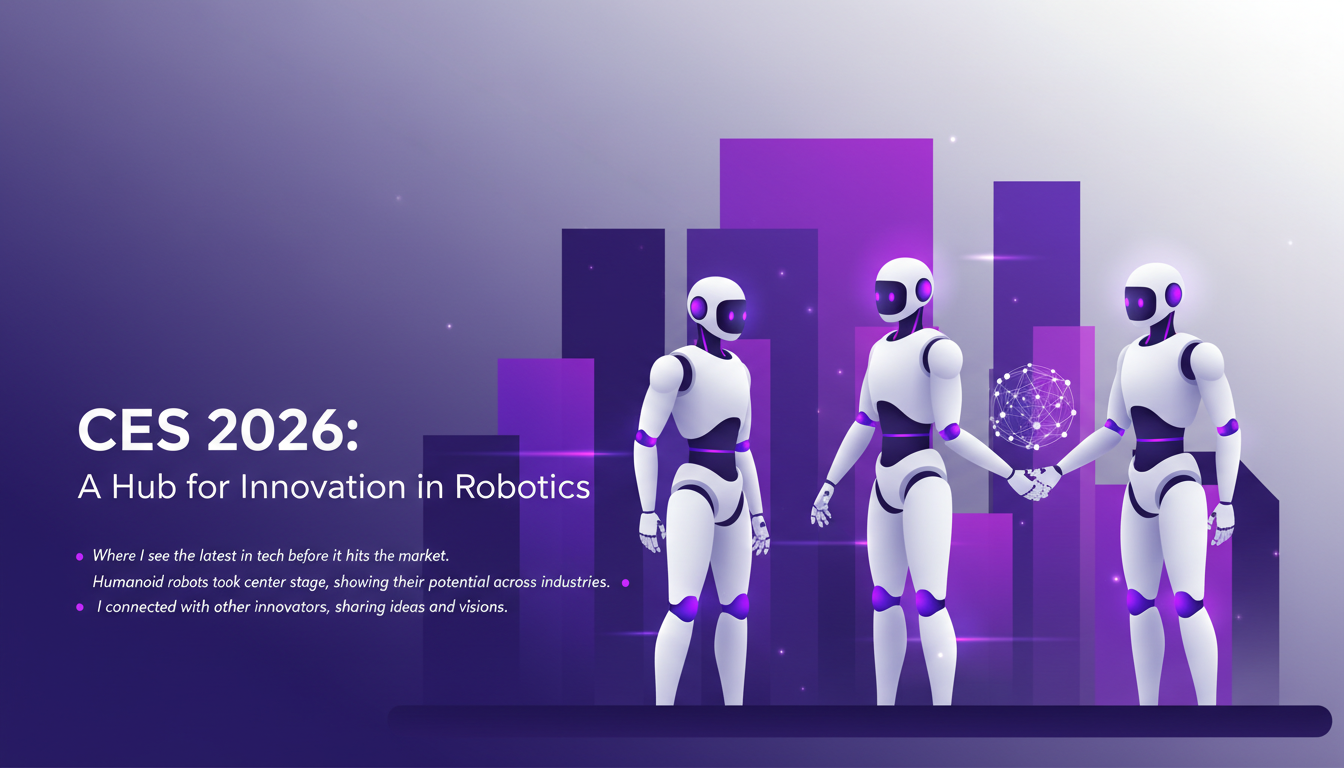 Modern illustration of CES 2026 featuring humanoid robots, symbolizing tech innovation and idea exchange in robotics.