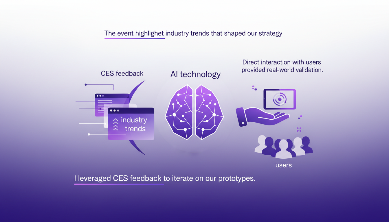 Modern illustration on enhancing product development with CES insights, AI technology, geometric shapes, indigo and violet colors.