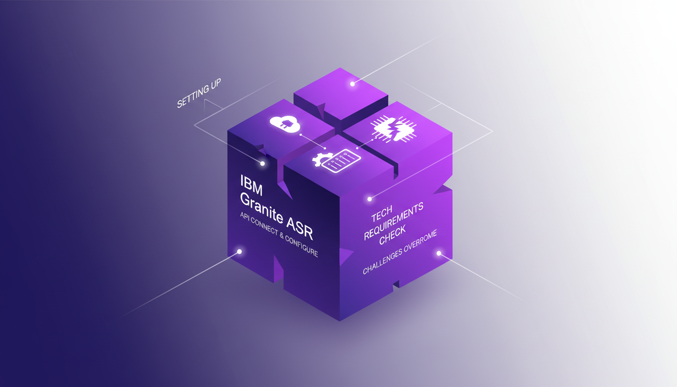 Modern illustration of setting up IBM's Granite ASR models, featuring geometric shapes and indigo and violet gradients.