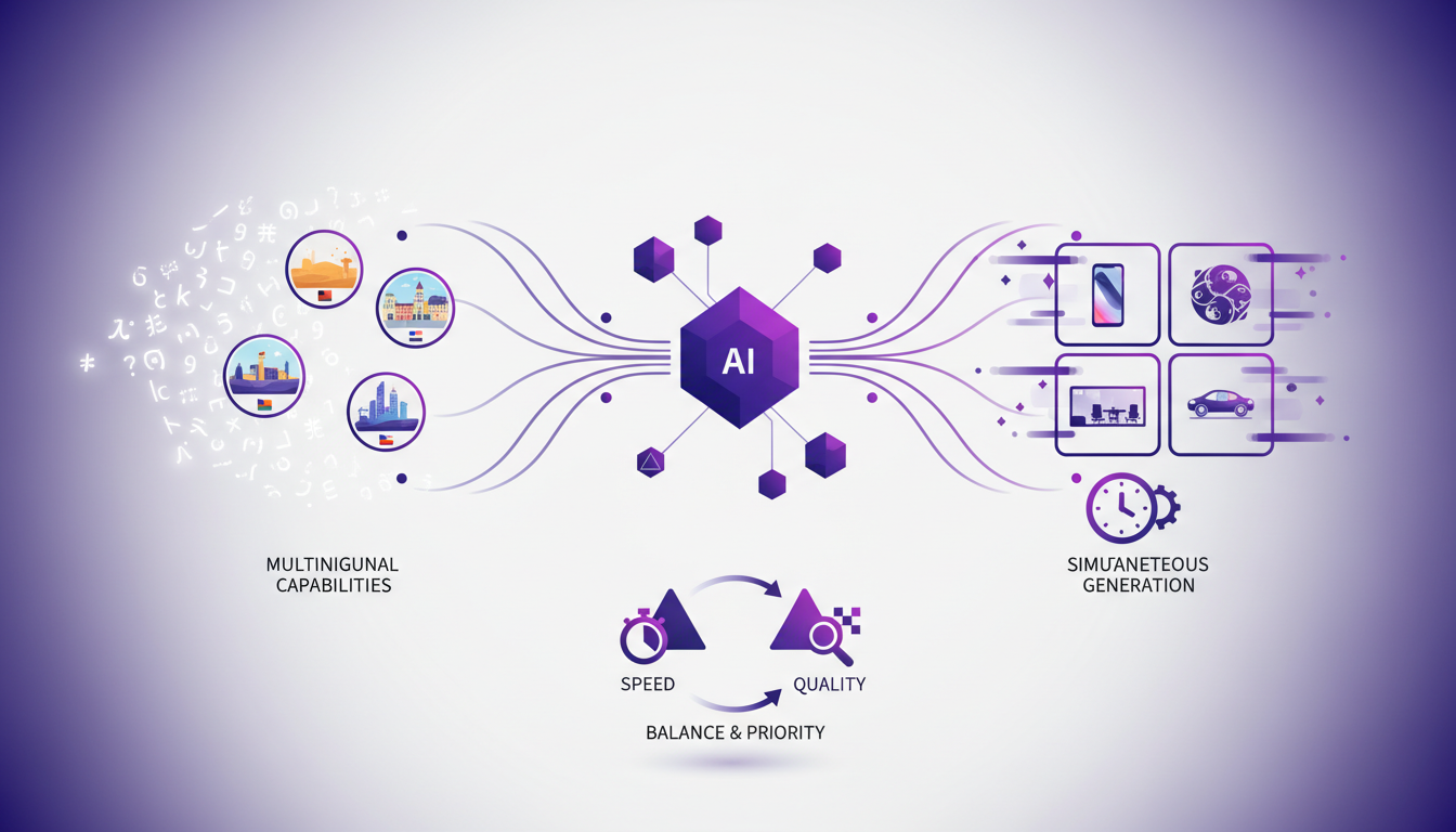 Illustration moderne de génération multilingue et multi-images, symbolisant l'efficacité et l'innovation en technologie AI.