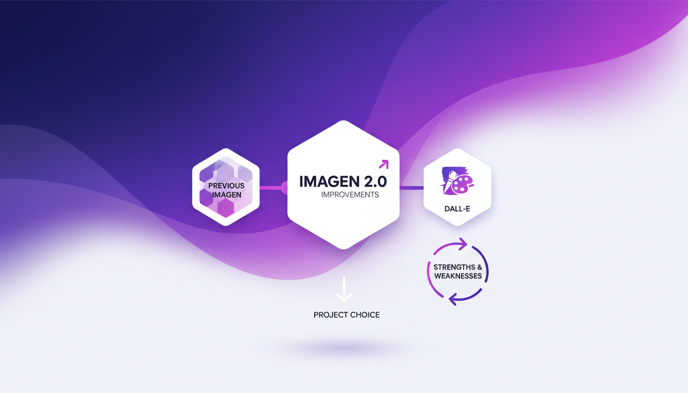 Illustration moderne comparant Imagen 2.0 avec DALL-E, mettant en avant les améliorations et différences clés en IA.