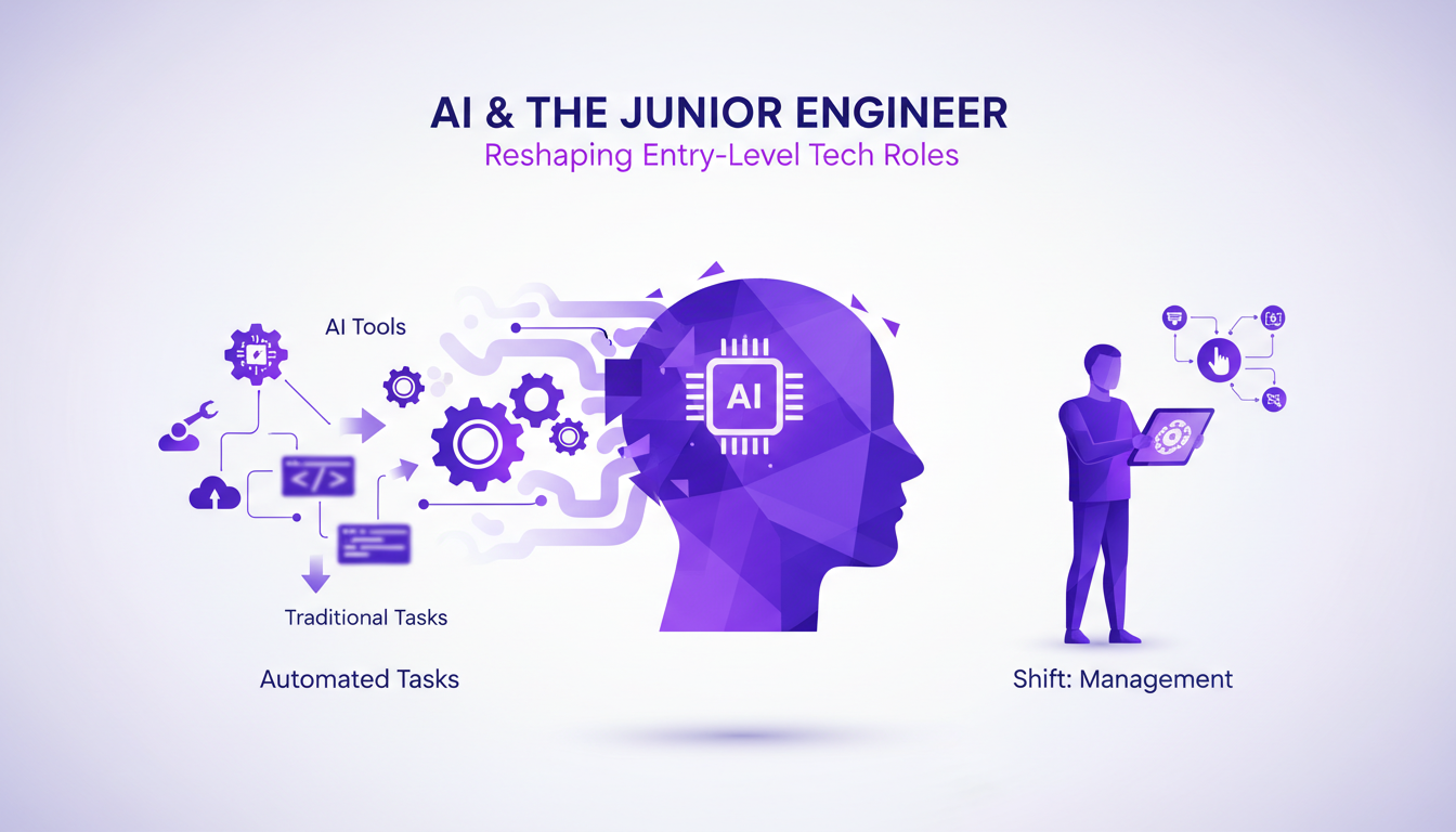 Modern illustration of AI's impact on hiring junior engineers, depicting AI tools automating tasks, with a professional style.