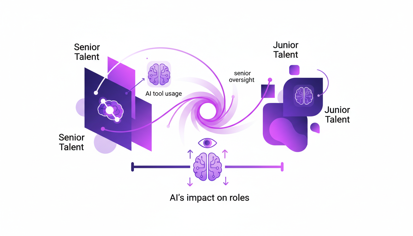 Modern illustration depicting balance of junior and senior tech talent, with mentoring on AI tools usage for synergy and growth.