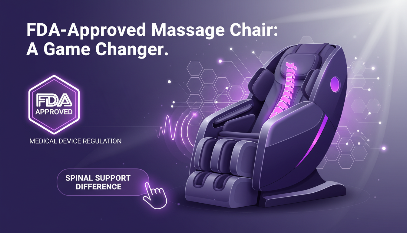 FDA-approved massage chair with spinal support, modern minimalist illustration, indigo and violet colors.