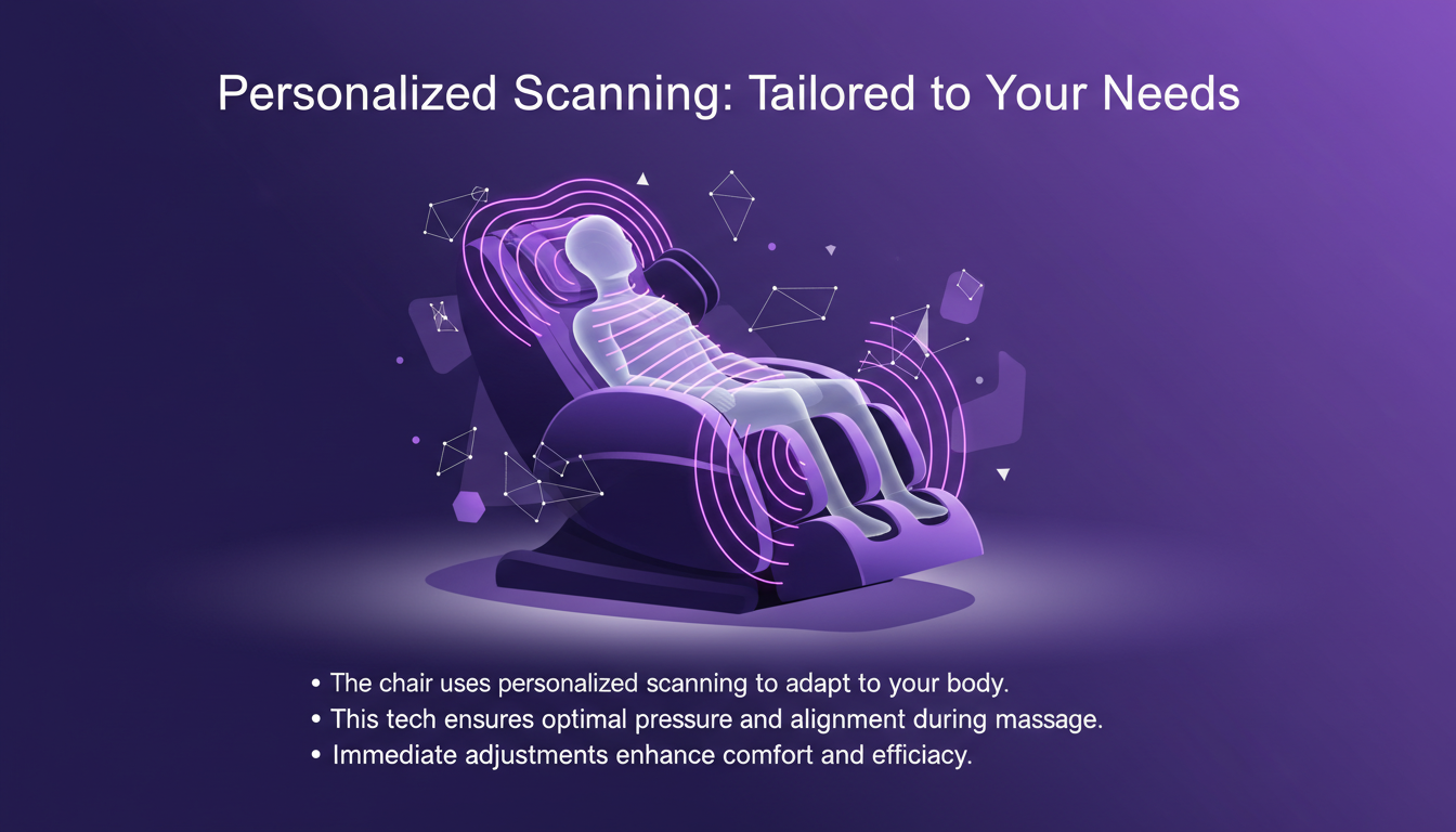 Modern illustration of a chair using personalized scanning to adapt to the body for optimal massage, in deep indigo and violet colors.