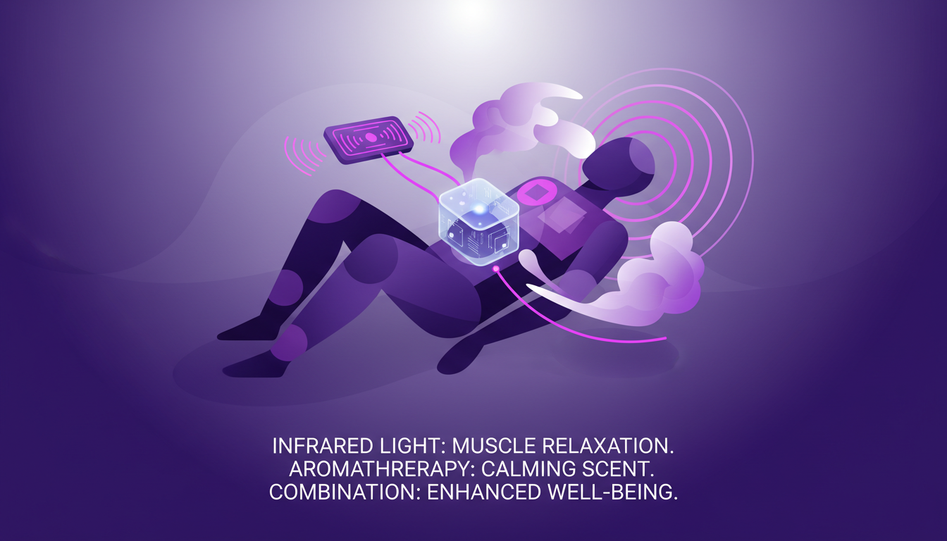 Modern illustration of infrared light and aroma therapy, enhancing relaxation and innovation, in indigo and violet palette.