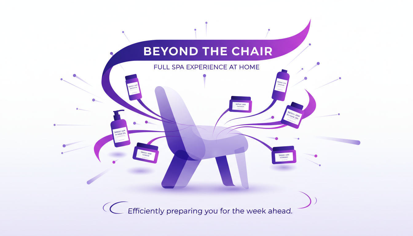 Illustration moderne de la gamme de produits spa à domicile Sarah Jam, avec des formes géométriques et des couleurs indigo et violet.