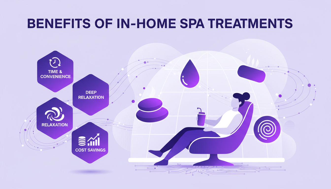 Illustration moderne de soins spa à domicile avec formes géométriques, dégradés indigo et violet, symbolisant détente et économie.