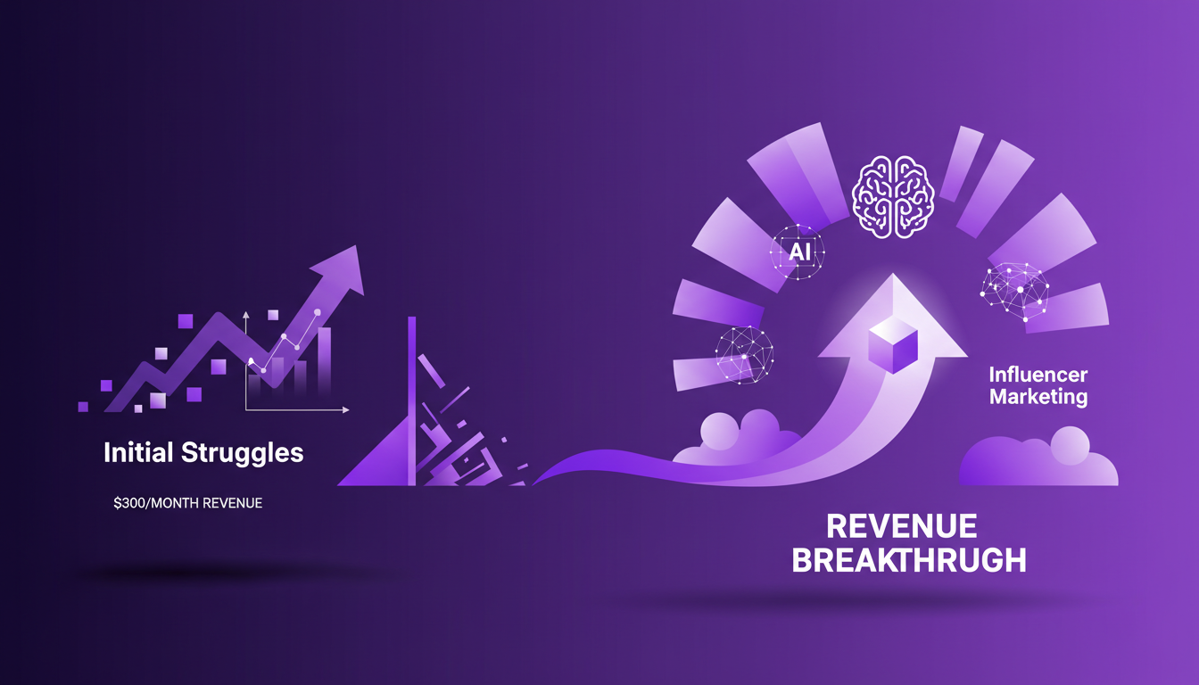 Illustration moderne montrant des débuts difficiles et une percée en revenus, avec des formes géométriques et des dégradés en violet.