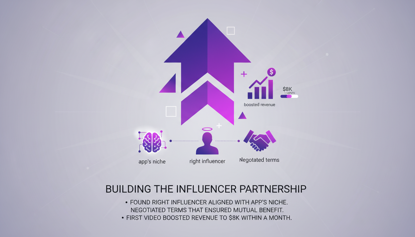 Illustration moderne montrant un partenariat d'influenceurs réussi, augmentant les revenus à 8K $ avec une vidéo, style minimaliste AI.