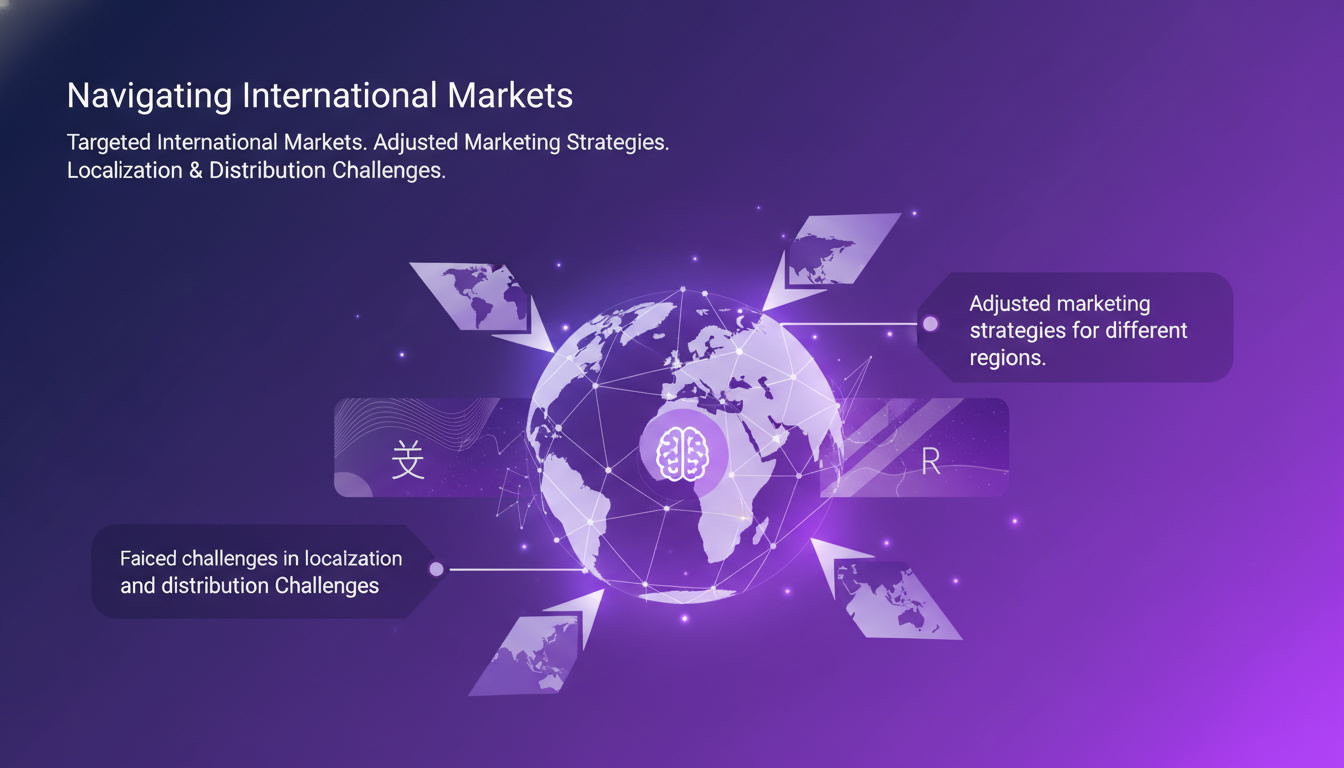 Illustration moderne sur la navigation des marchés internationaux, stratégies marketing ajustées, défis de localisation, palette violette.
