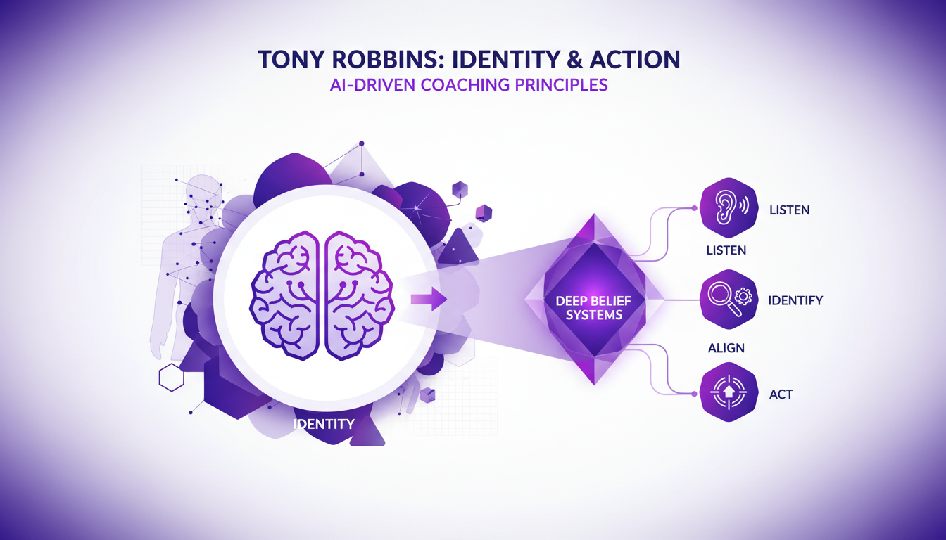 Modern illustration of Tony Robbins' coaching techniques, featuring geometric shapes and indigo-violet gradients, highlighting identity focus