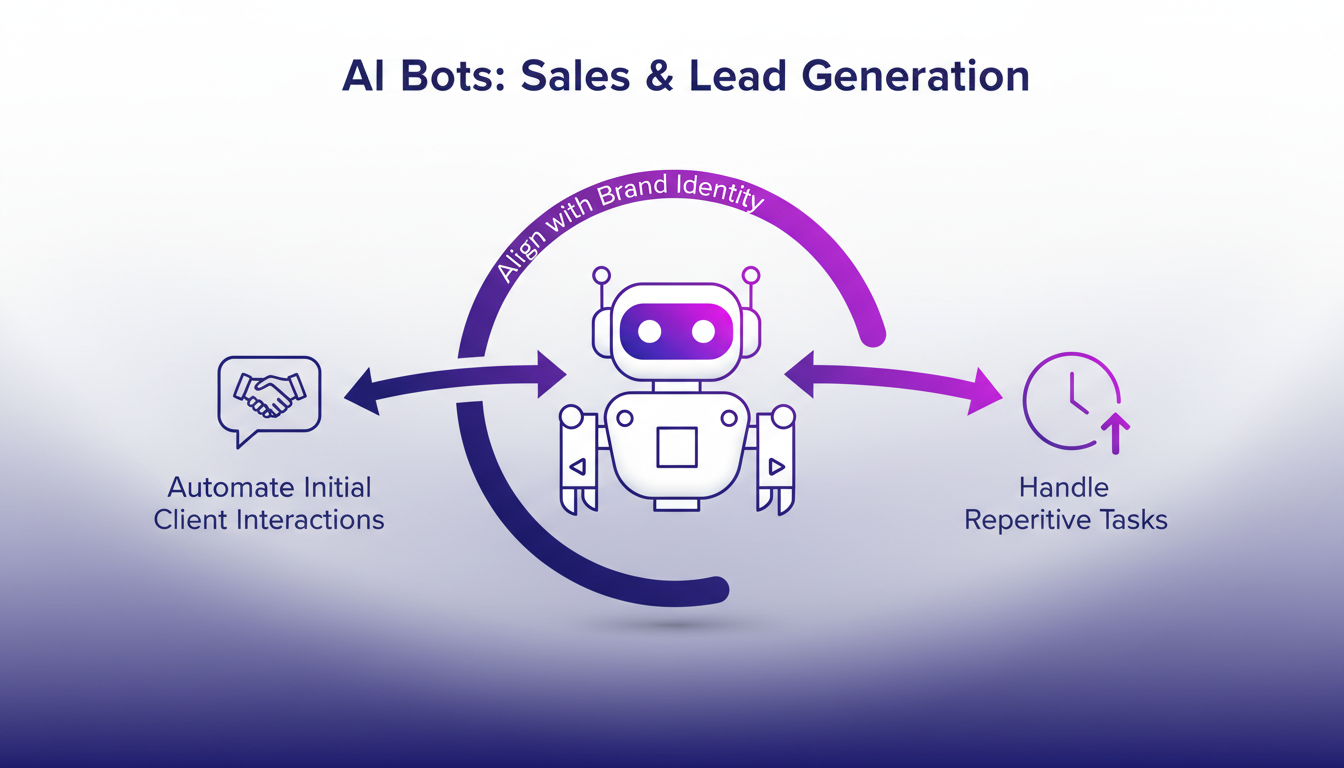 Modern illustration of AI bots in sales and lead generation, featuring geometric shapes and indigo-violet gradients
