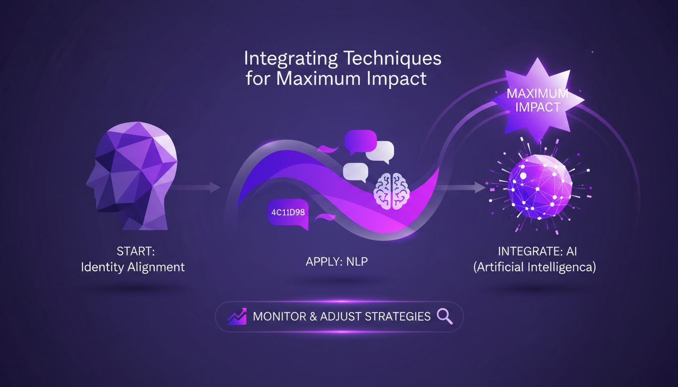 Modern illustration integrating techniques for maximum impact: identity alignment, NLP, AI. Indigo, violet palette; geometric shapes.