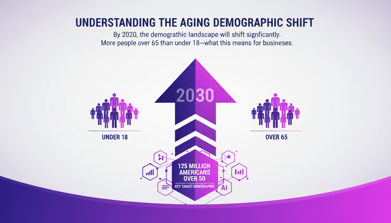 Modern illustration of demographic shift with more over 65s than under 18s, impact on businesses, featuring AI technology elements.