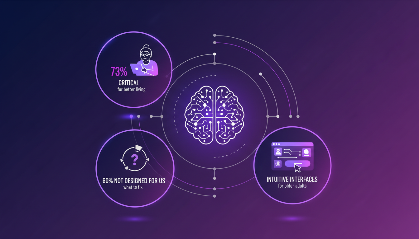 Modern illustration depicting technology enhancing lives over 50, featuring intuitive AI interfaces and minimalist design in violet hues.