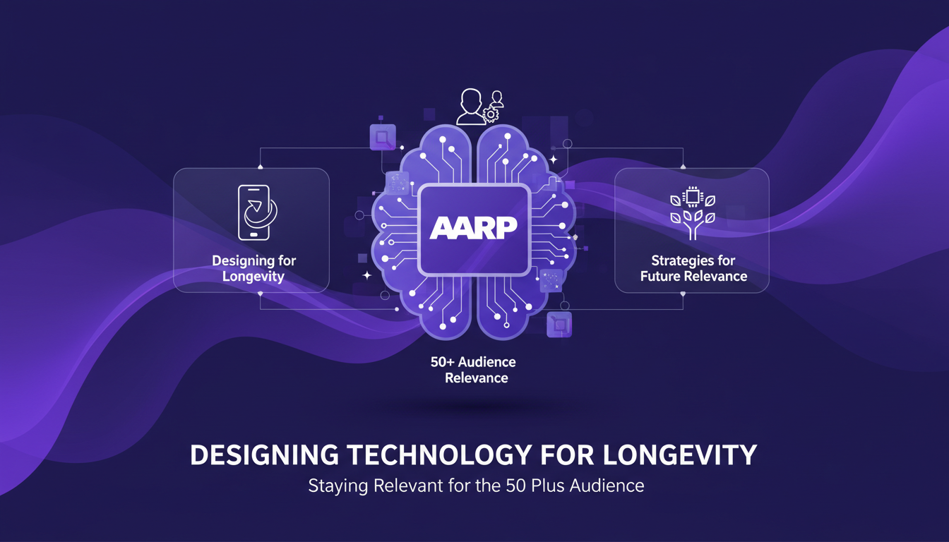 Modern illustration of designing technology for longevity, featuring geometric shapes and violet gradients, highlighting innovation and relevance.