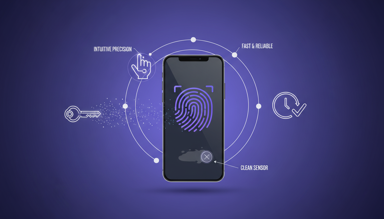 Modern illustration of fingerprint unlocking setup and benefits, featuring geometric shapes and gradients, highlighting AI technology.