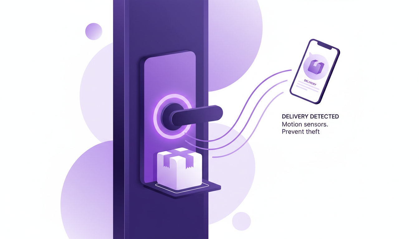 Modern illustration of package detection with motion sensors integrated into a smart lock, preventing package theft.