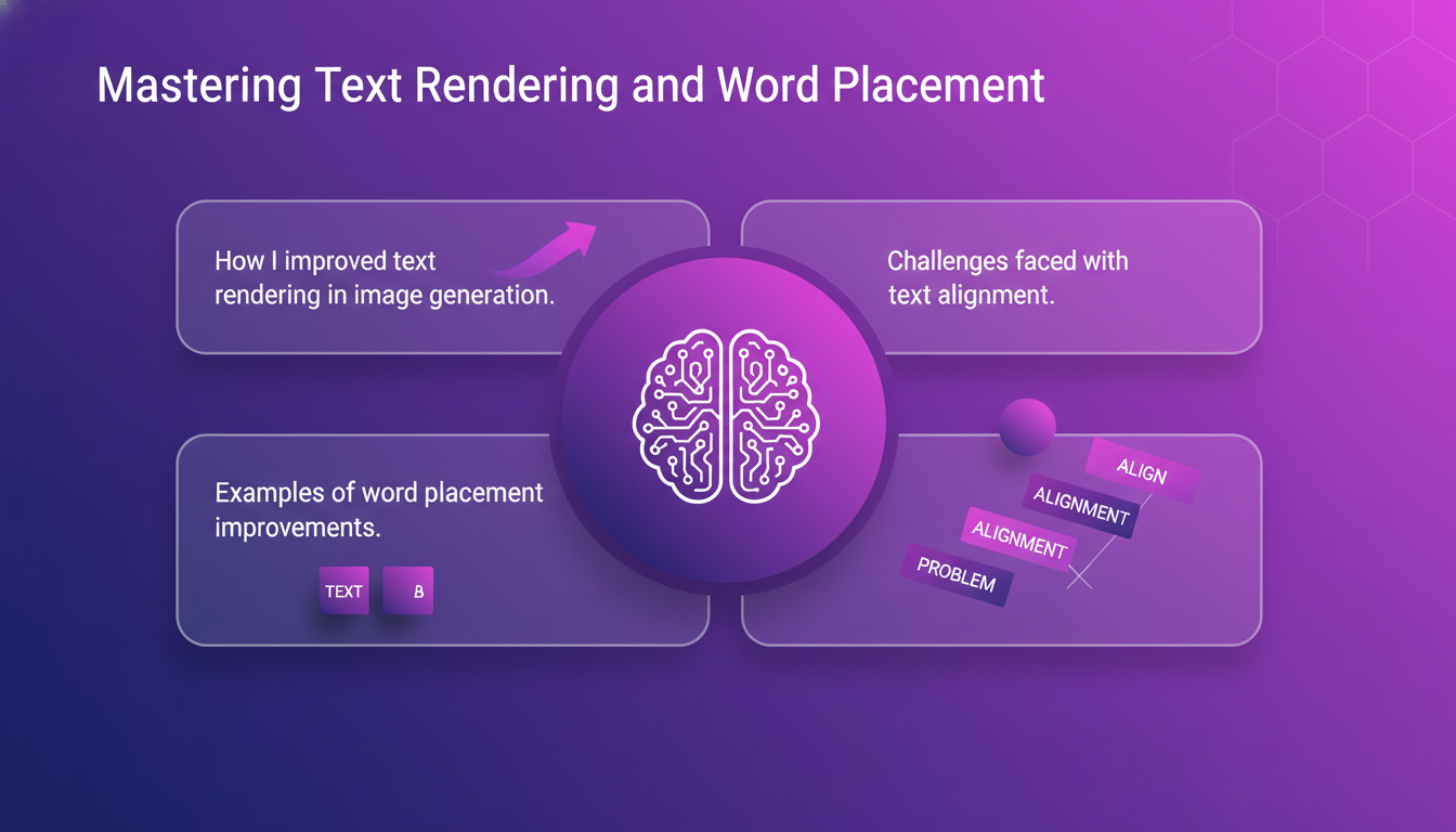 Modern illustration on mastering text rendering and word placement, featuring geometric shapes and violet gradients in AI technology context.