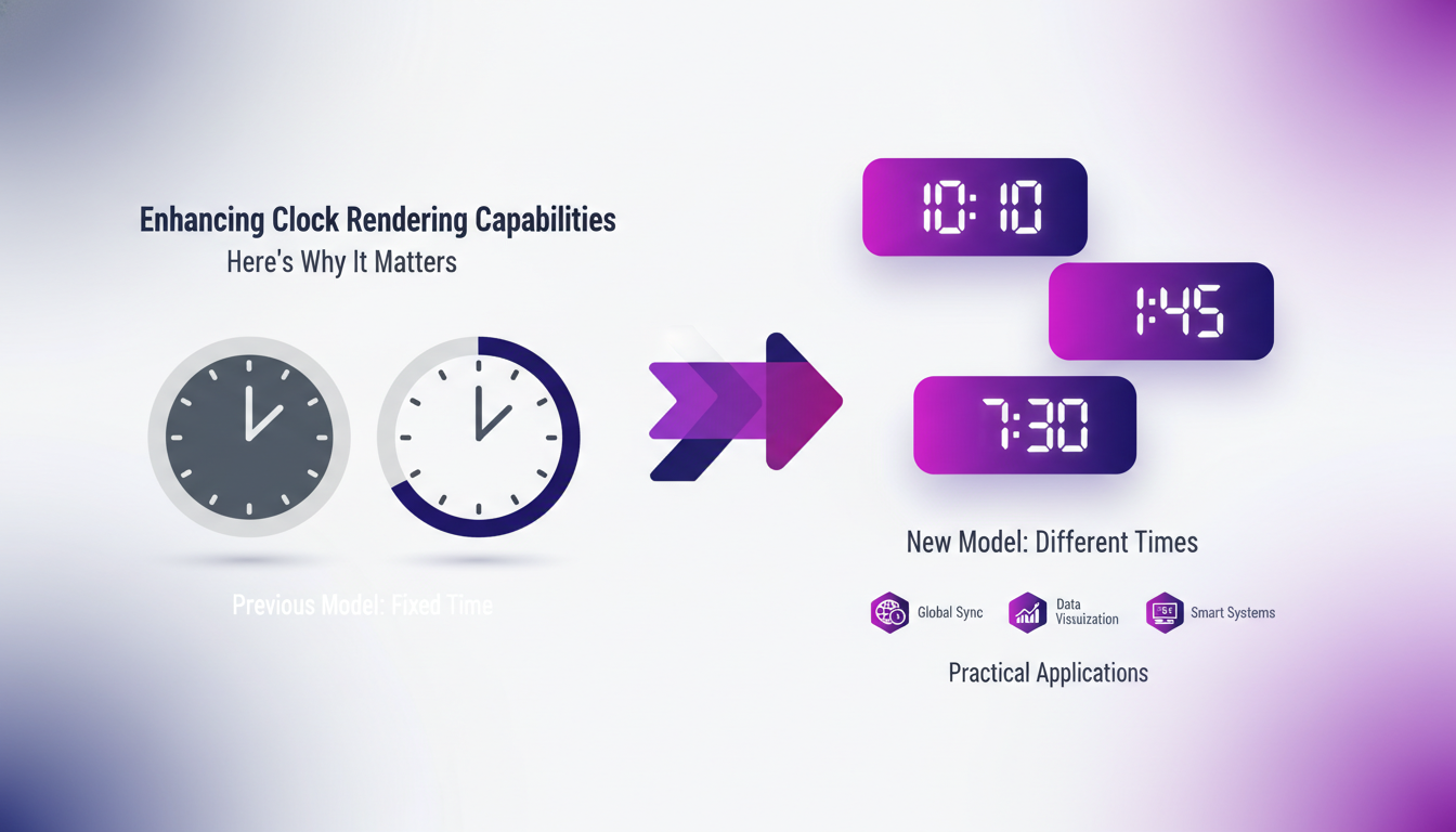 Modern illustration of enhanced clock rendering, displaying different times, integrated with AI technology, minimalist style.