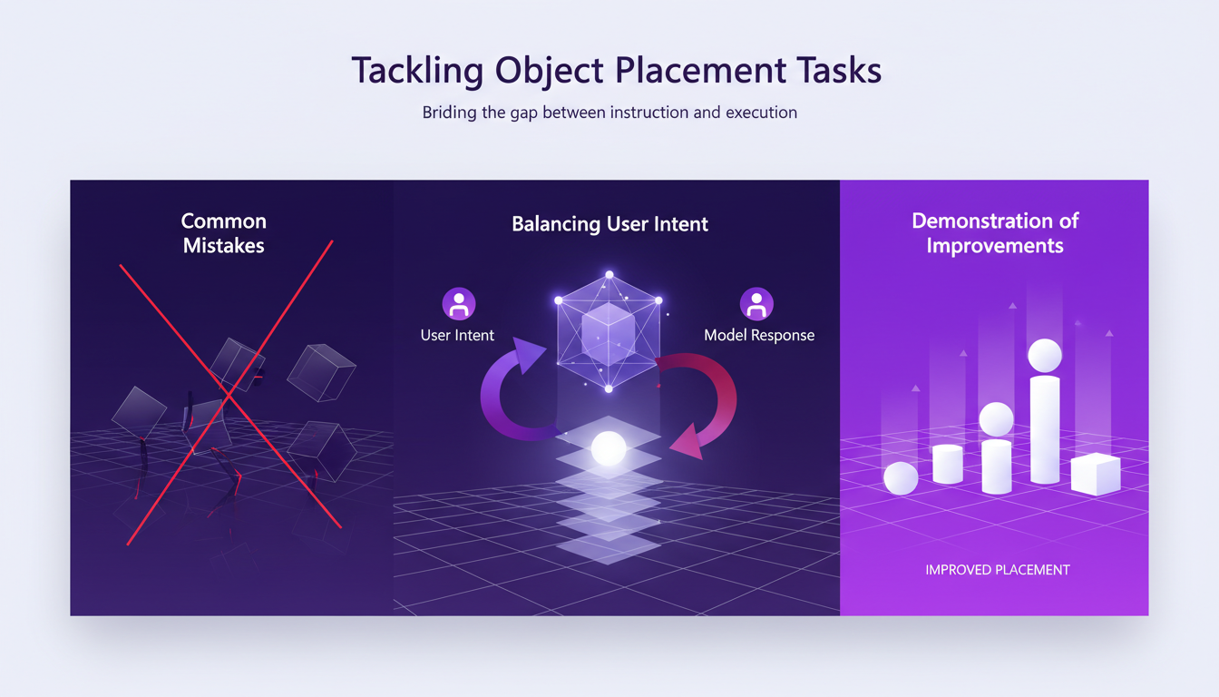 Modern minimalist illustration on improving object placement with AI, featuring geometric shapes and violet gradients.
