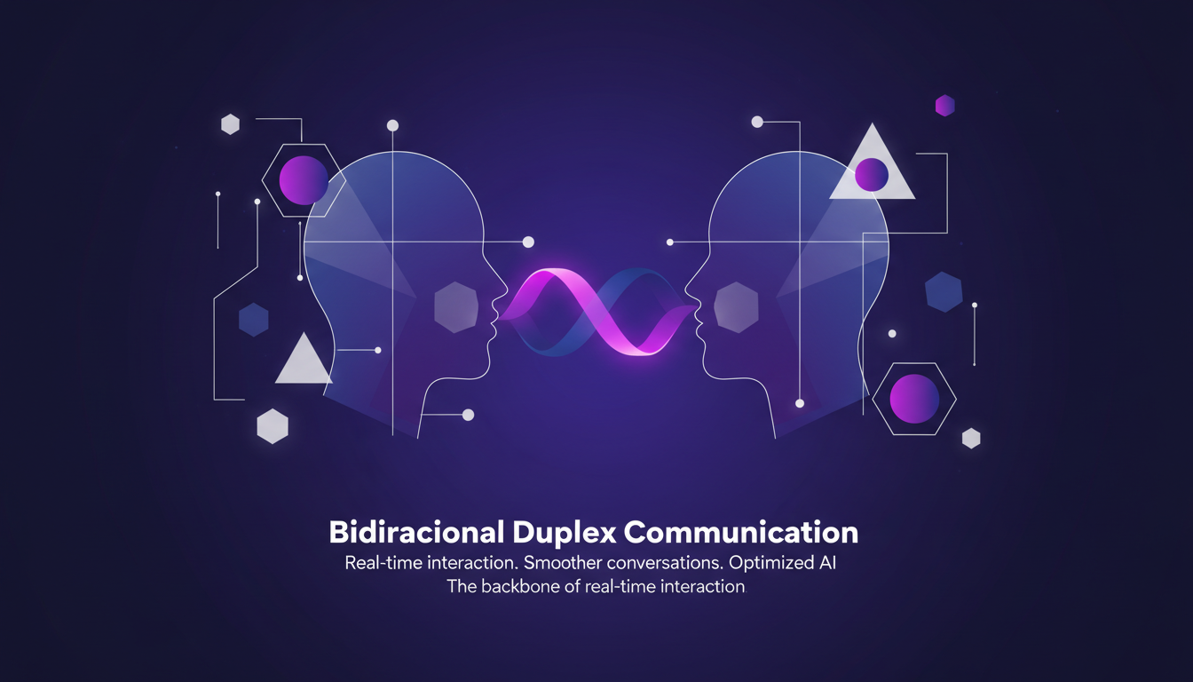 Modern illustration of bidirectional duplex communication, crucial for real-time interaction with voice agents, in deep indigo and violet hues.