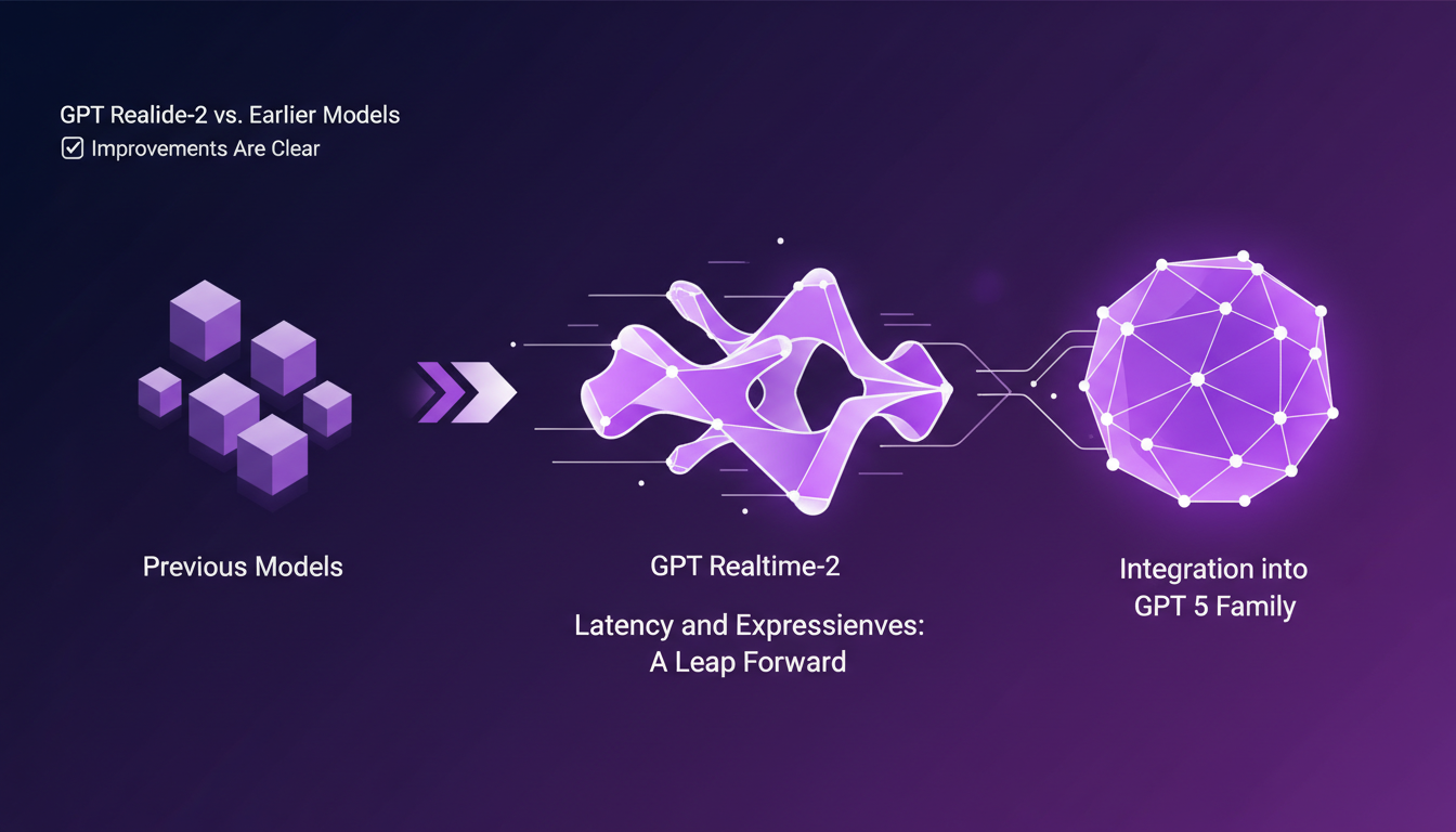 Modern illustration comparing GPT Realtime-2 to previous models, highlighting latency and expressiveness, integrated into GPT 5.