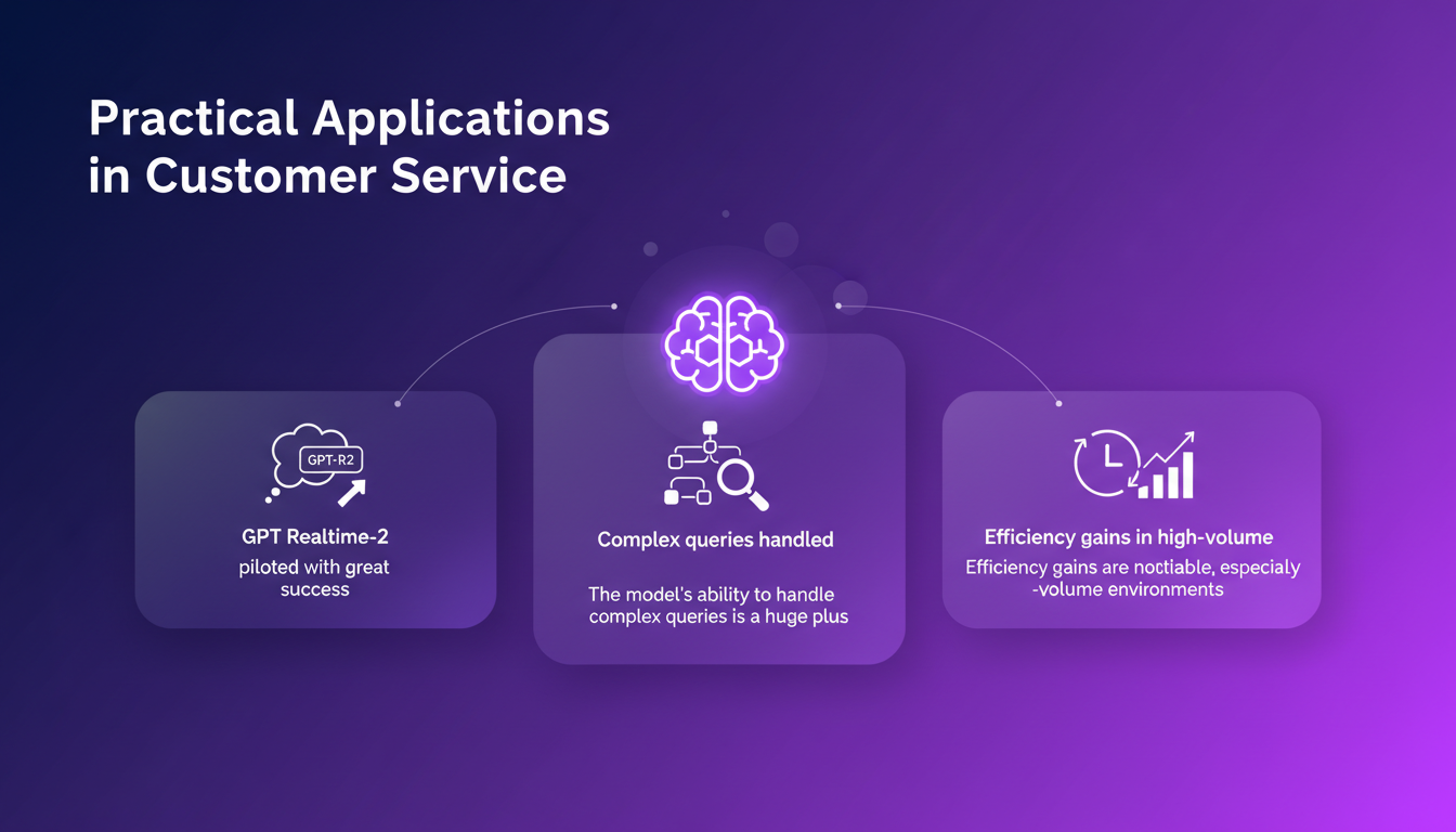 Modern illustration of customer service using GPT Realtime-2, highlighting efficiency and complex query handling in indigo and violet.