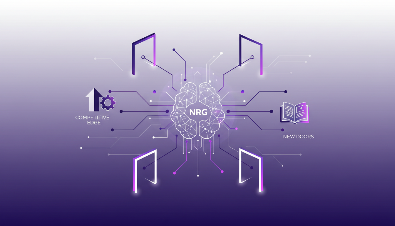 Illustration moderne de l'avenir avec NRG, mettant en avant l'innovation et les opportunités dans la technologie AI, avec formes géométriques.