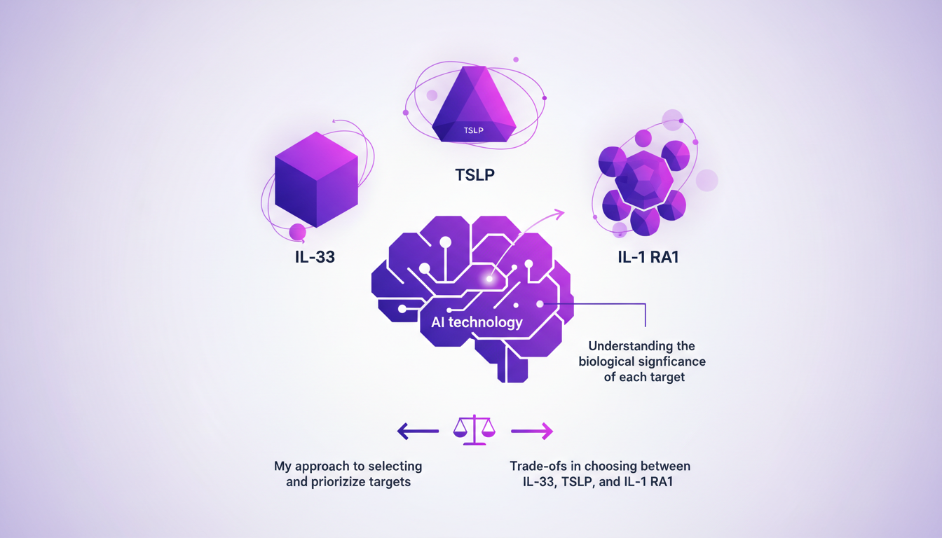 Illustration moderne comparant les cibles d'asthme IL-33, TSLP, IL-1 RA1 avec formes géométriques et dégradés violets.