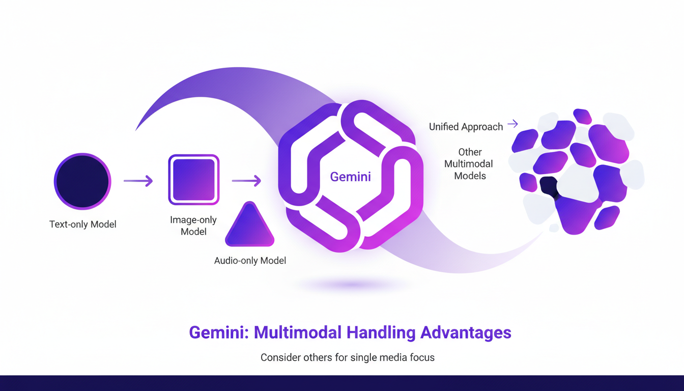 Modern illustration comparing Gemini with other AI models, highlighting its multimodal advantages using geometric shapes.