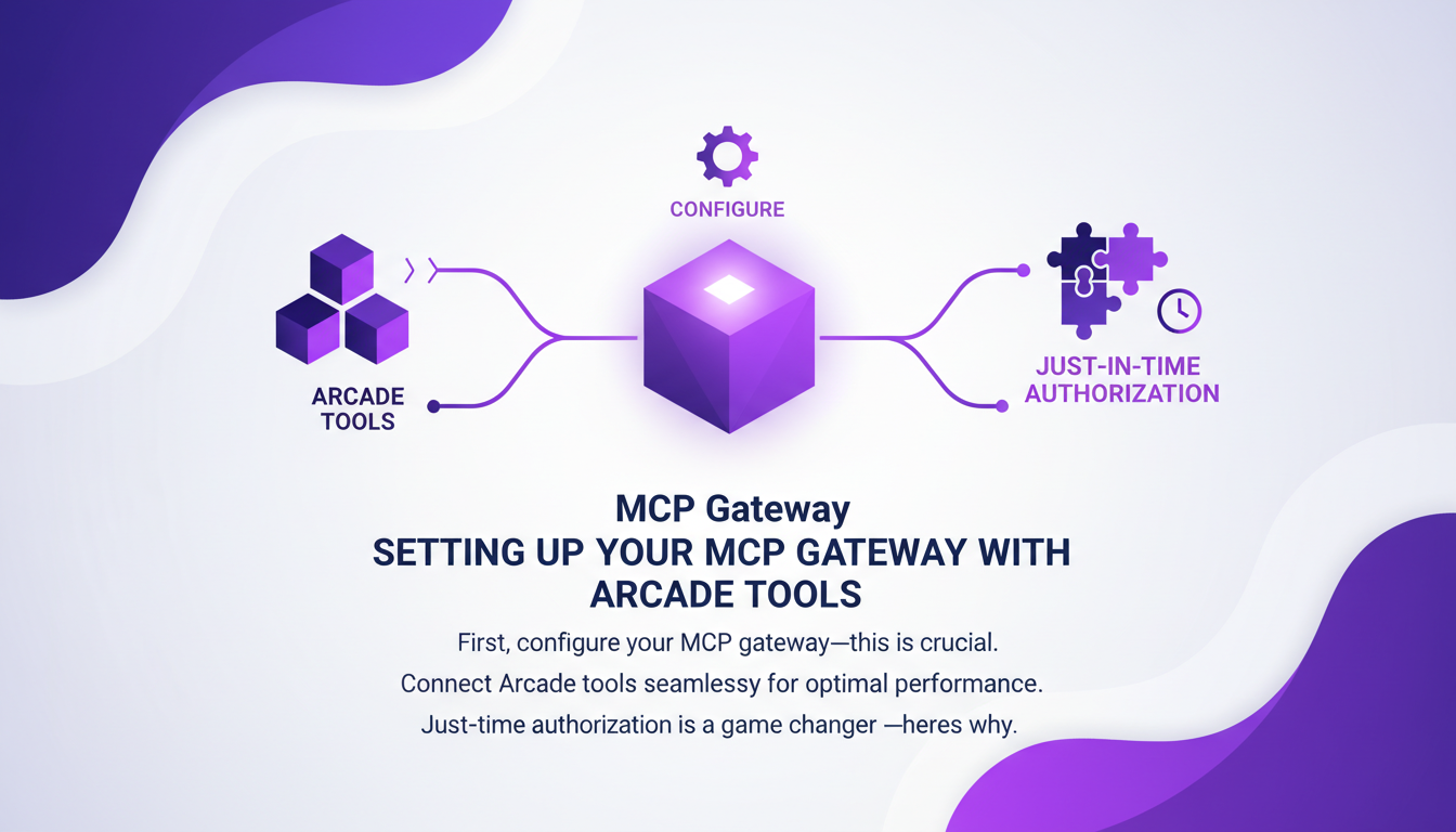Modern illustration of setting up MCP Gateway with Arcade Tools, featuring geometric shapes and indigo gradients, highlighting AI technology.