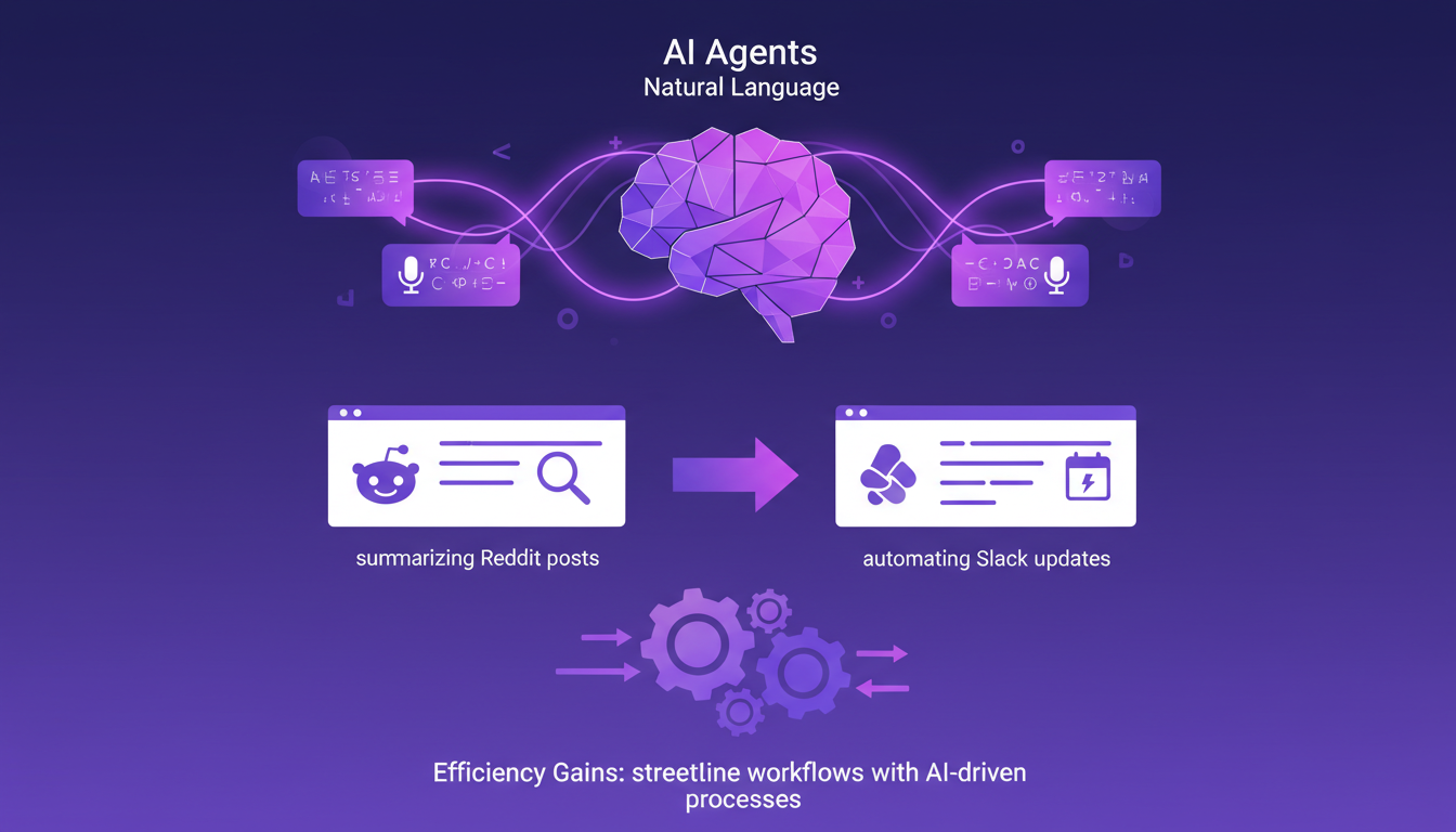 Modern illustration of AI agents using natural language to summarize Reddit and automate Slack, minimalist style, indigo and violet hues.