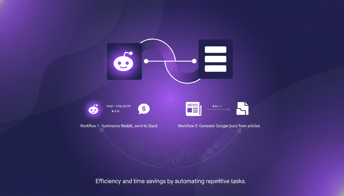 Modern illustration of automated workflows from Reddit to Google Docs, featuring geometric shapes and indigo-violet gradients.