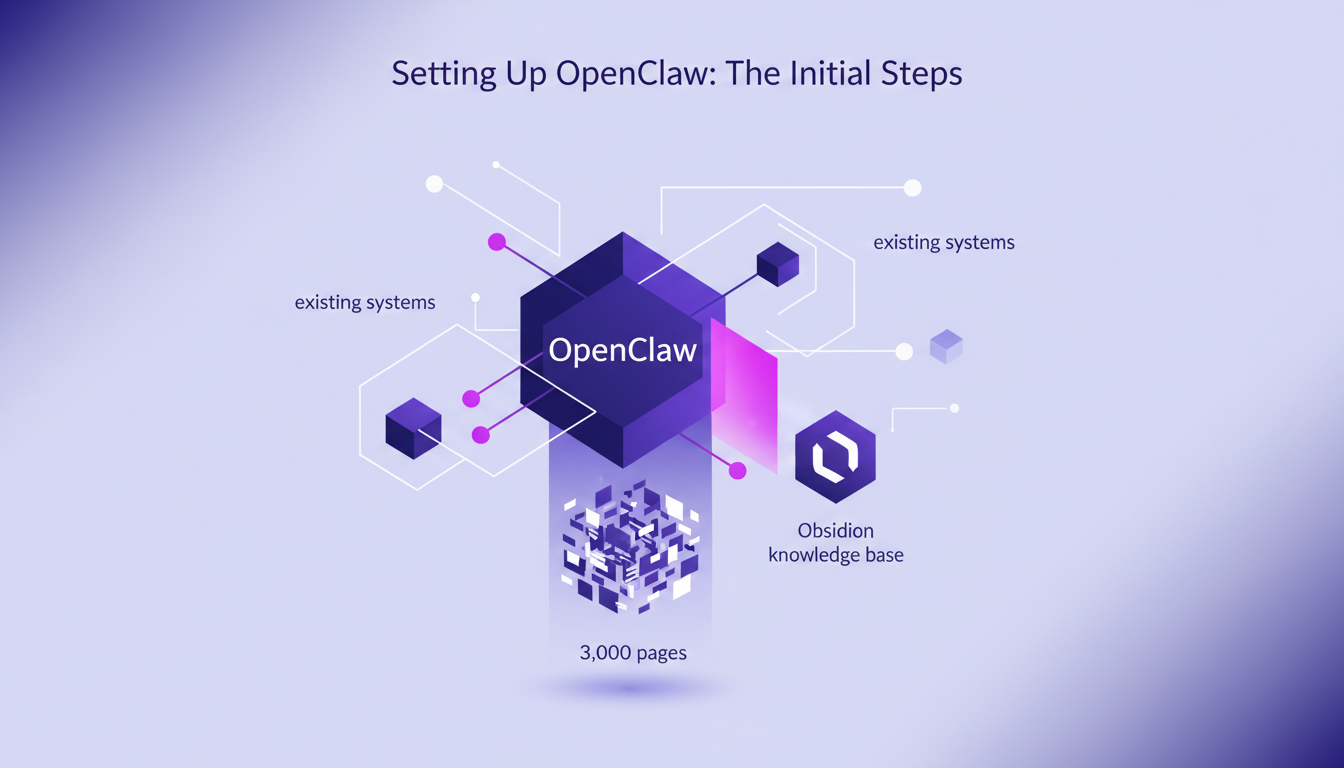 Modern illustration of setting up OpenClaw, integrating with Obsidian, managing 3,000 pages, AI technology, minimalist style.