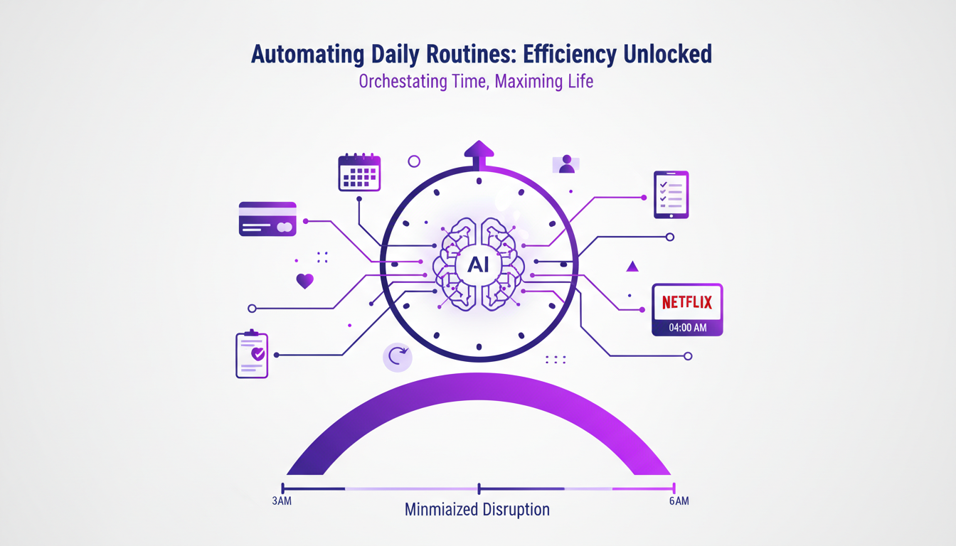 Modern illustration of automating daily routines with geometric shapes and violet gradients, symbolizing efficiency and AI technology.
