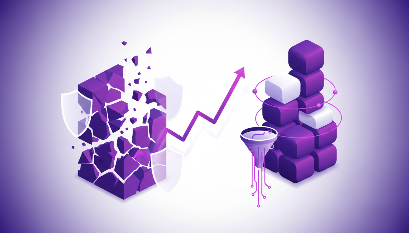 Modern illustration on handling brittle automations and building trust with geometric shapes and violet gradients, AI technology theme.