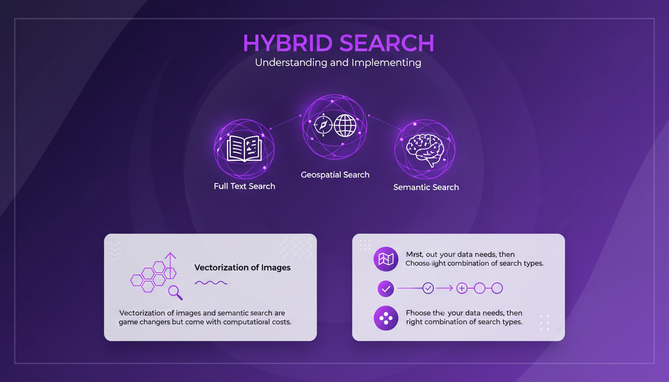 Modern illustration of hybrid search combining full text, geospatial, and semantic search, featuring geometric shapes and gradient overlays.