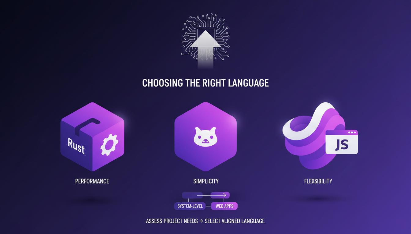 Modern illustration of Rust, Go, JavaScript languages highlighting performance, simplicity, flexibility for choosing the right language.