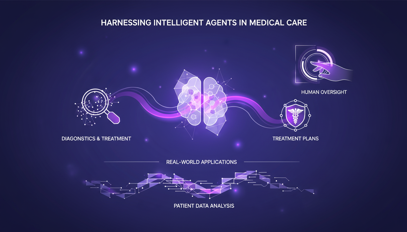 Illustration moderne d'agents intelligents en soins médicaux, mettant en avant l'analyse de données patients et l'équilibre entre automatisation et supervision humaine.