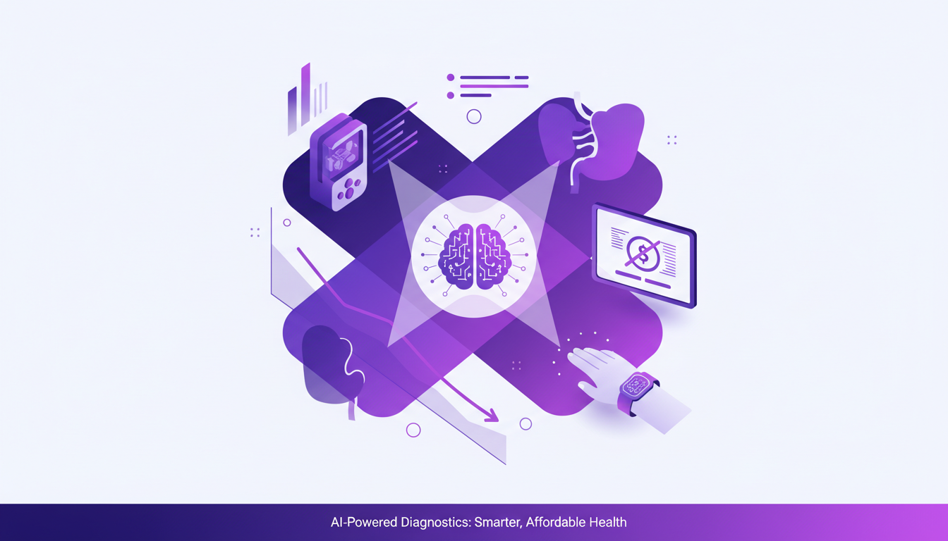 Illustration moderne sur la réduction des coûts grâce aux diagnostics personnalisés avec IA, formes géométriques et dégradés indigo.